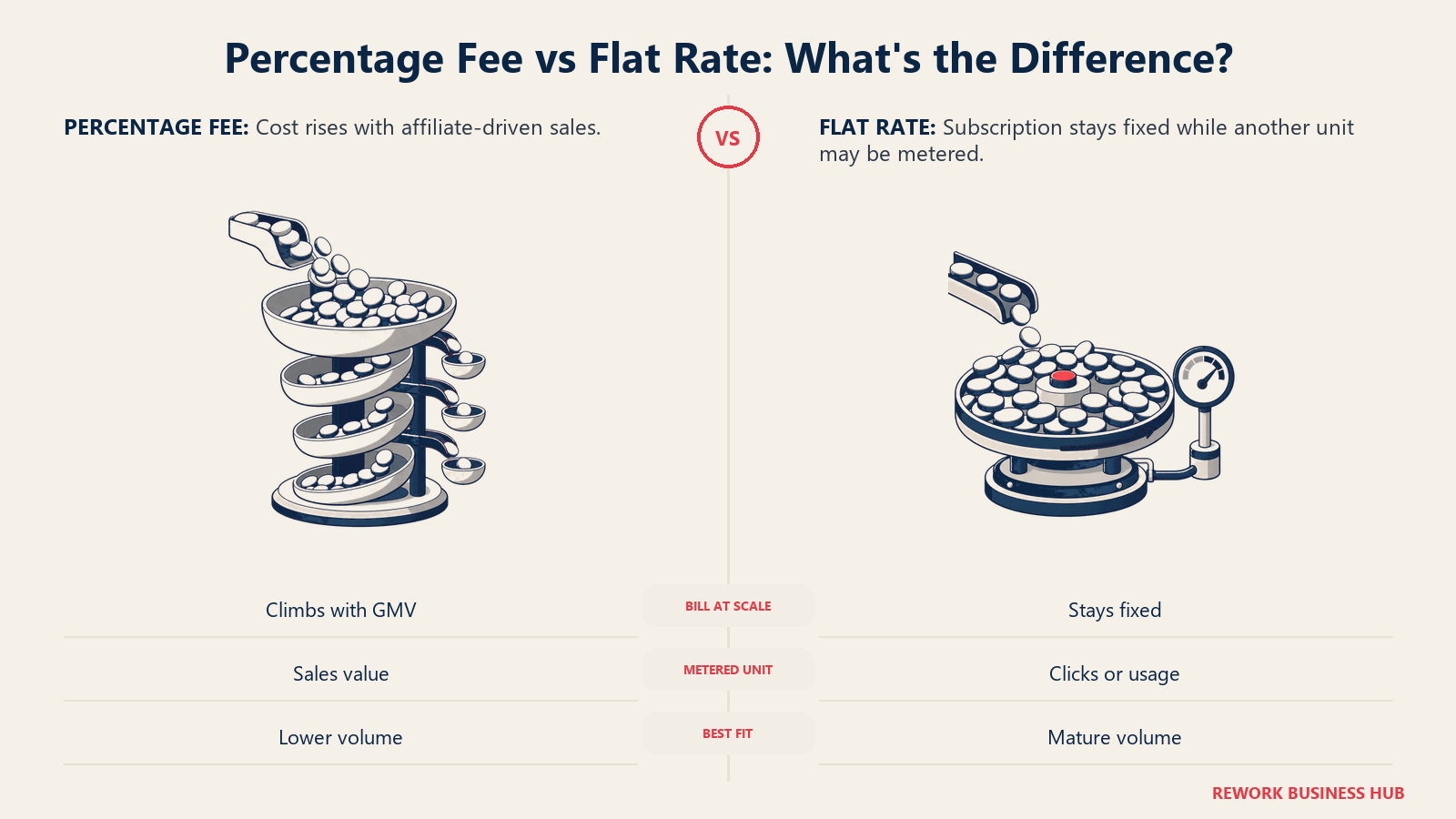Percentage fee compared with flat-rate affiliate software as a growing sales toll beside a fixed subscription platform