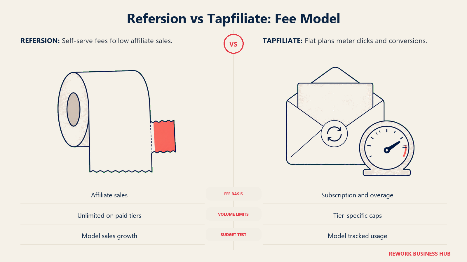Sales receipt and subscription envelope comparing Refersion sales fees with Tapfiliate tracking caps