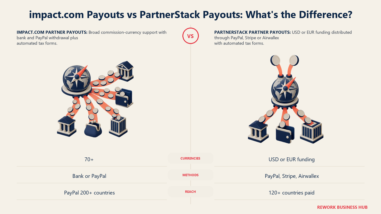impact.com and PartnerStack partner payouts compared by currencies, methods and global reach