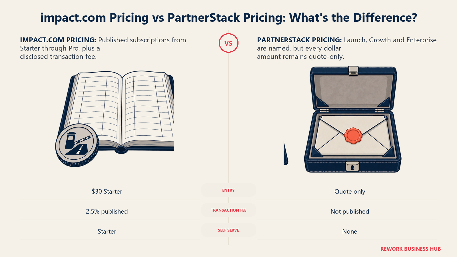 impact.com published pricing ledger compared with PartnerStack's sealed quote process