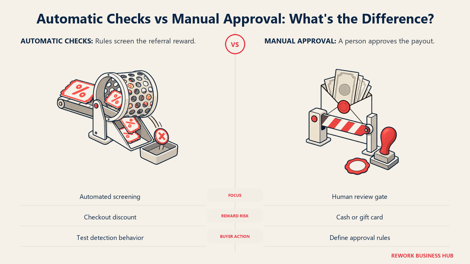 Automatic vs Manual illustrated by automatic filter vs approval gate