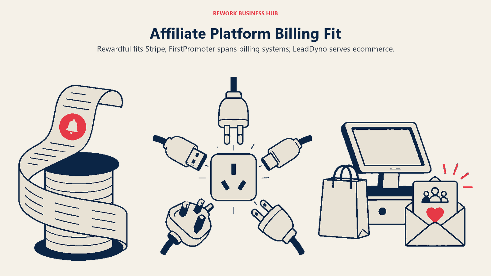 Affiliate Platform Billing Fit: Three equal text-free stations left to right: a subscription receipt circling a billing spool; five differently shaped plug ends meeting one adapter; a store checkout with an affiliate invitation envelope.