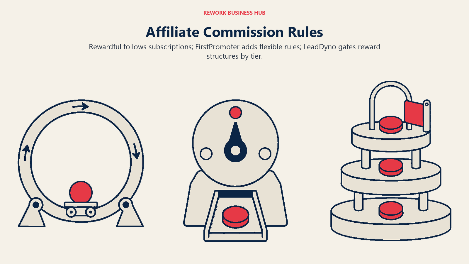 Affiliate Commission Rules: Three equally sized mechanisms: left a simple recurring loop holding one commission token; middle a compact three-setting control dial controlling a token path; right a tiered reward stand with a gate at its upper level.