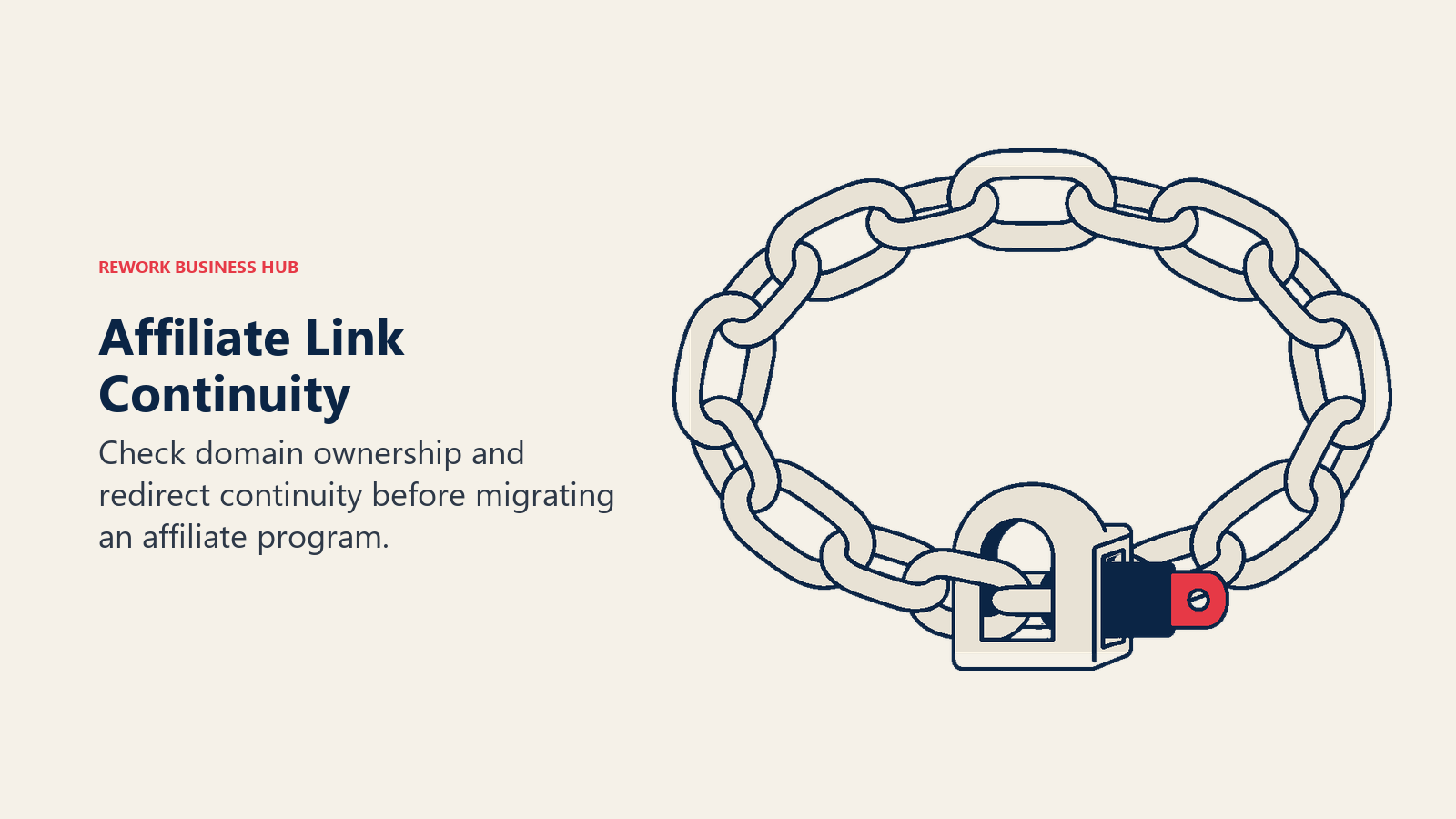 Affiliate Link Continuity: A sturdy chain link passes through a doorway-shaped domain frame while the small tracking cartridge behind the frame is being slid out and replaced.