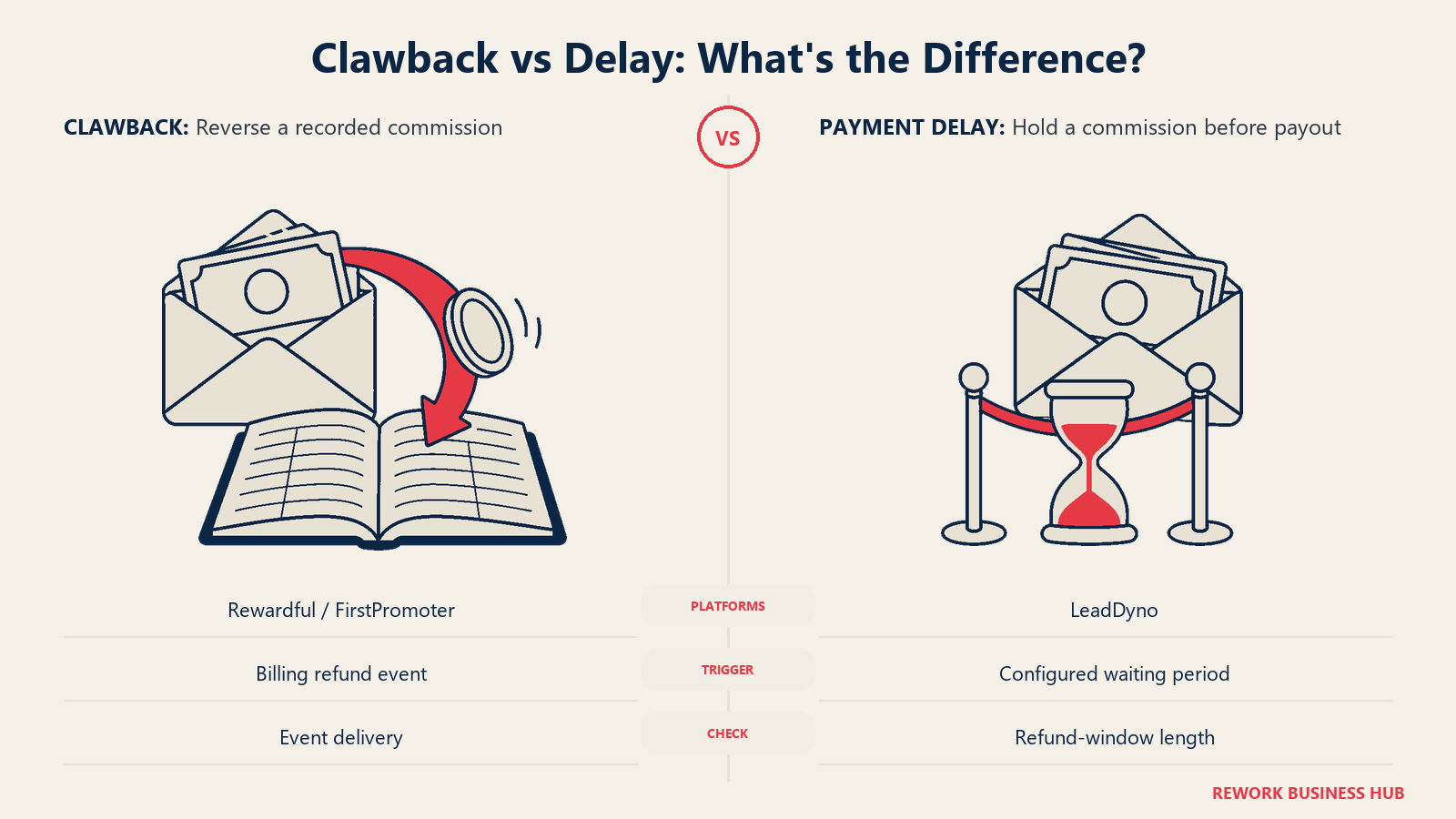 Clawback vs Delay: What's the Difference?: Matched side-by-side metaphors with a blank center gutter: left a payout envelope with a single broad returning loop carrying a coin back into an open ledger; right an identical payout envelope waiting behind a small hourglass gate.