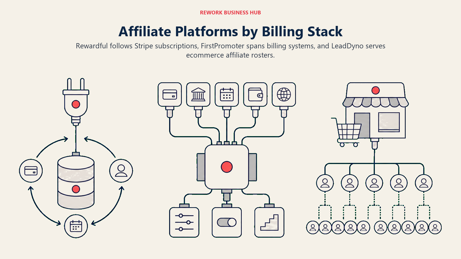 Rewardful, FirstPromoter, and LeadDyno shown as a recurring subscription commission loop, a multi-billing adapter hub, and an ecommerce checkout feeding an affiliate roster