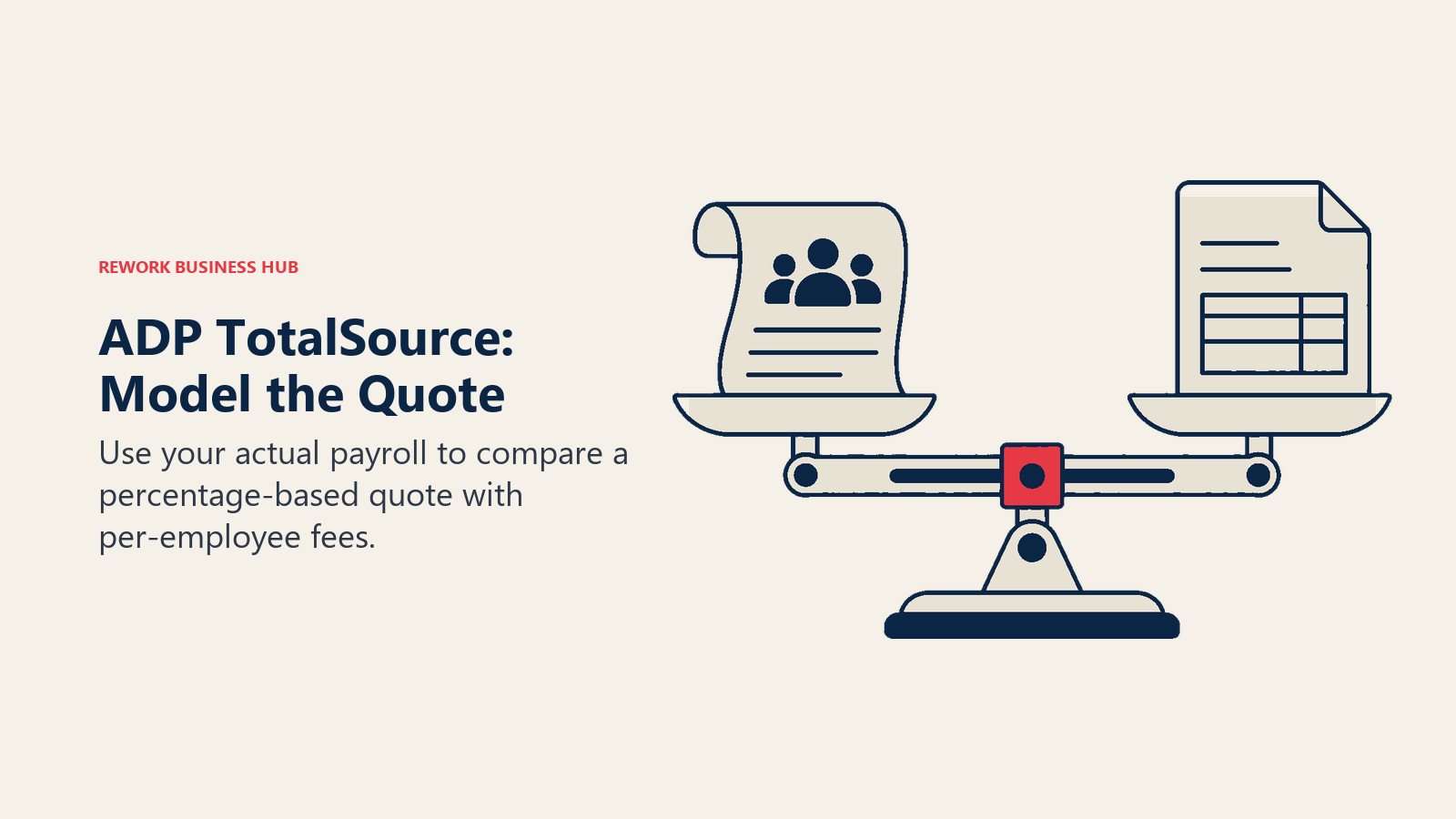 ADP TotalSource: Model the Quote: A mechanical balance supports a payroll roll on one pan and a blank invoice on the other, joined by a visible adjustable sliding weight.