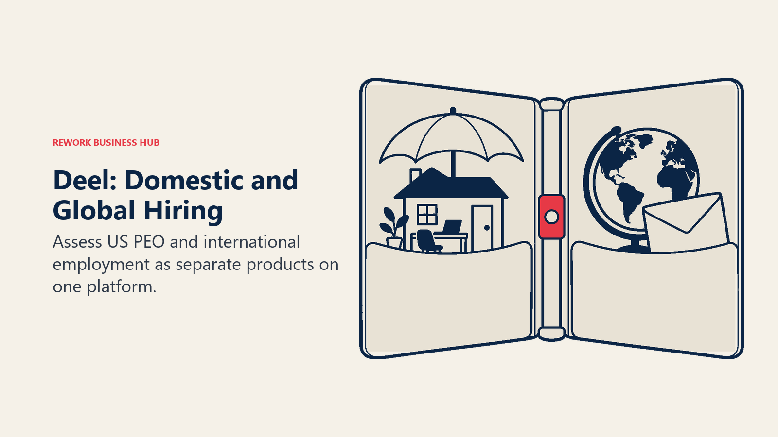 Deel: Domestic and Global Hiring: One open binder has two clearly divided pockets: a small domestic office model with an umbrella, and a globe with an employment envelope.