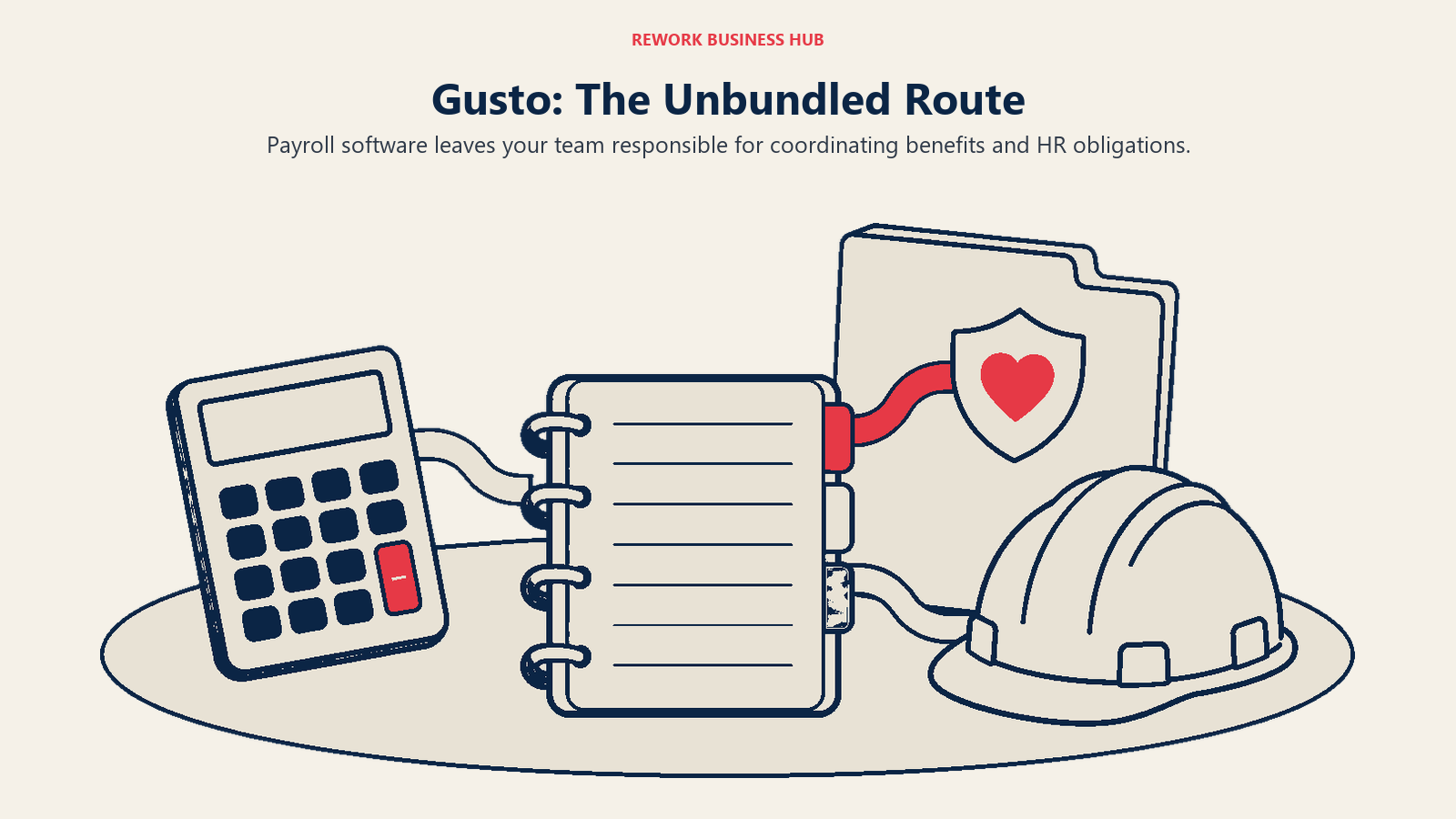 Gusto: The Unbundled Route: Three separate work tools on a wide desk: a payroll calculator with blank screen, a benefits broker folder, and a workers safety helmet.