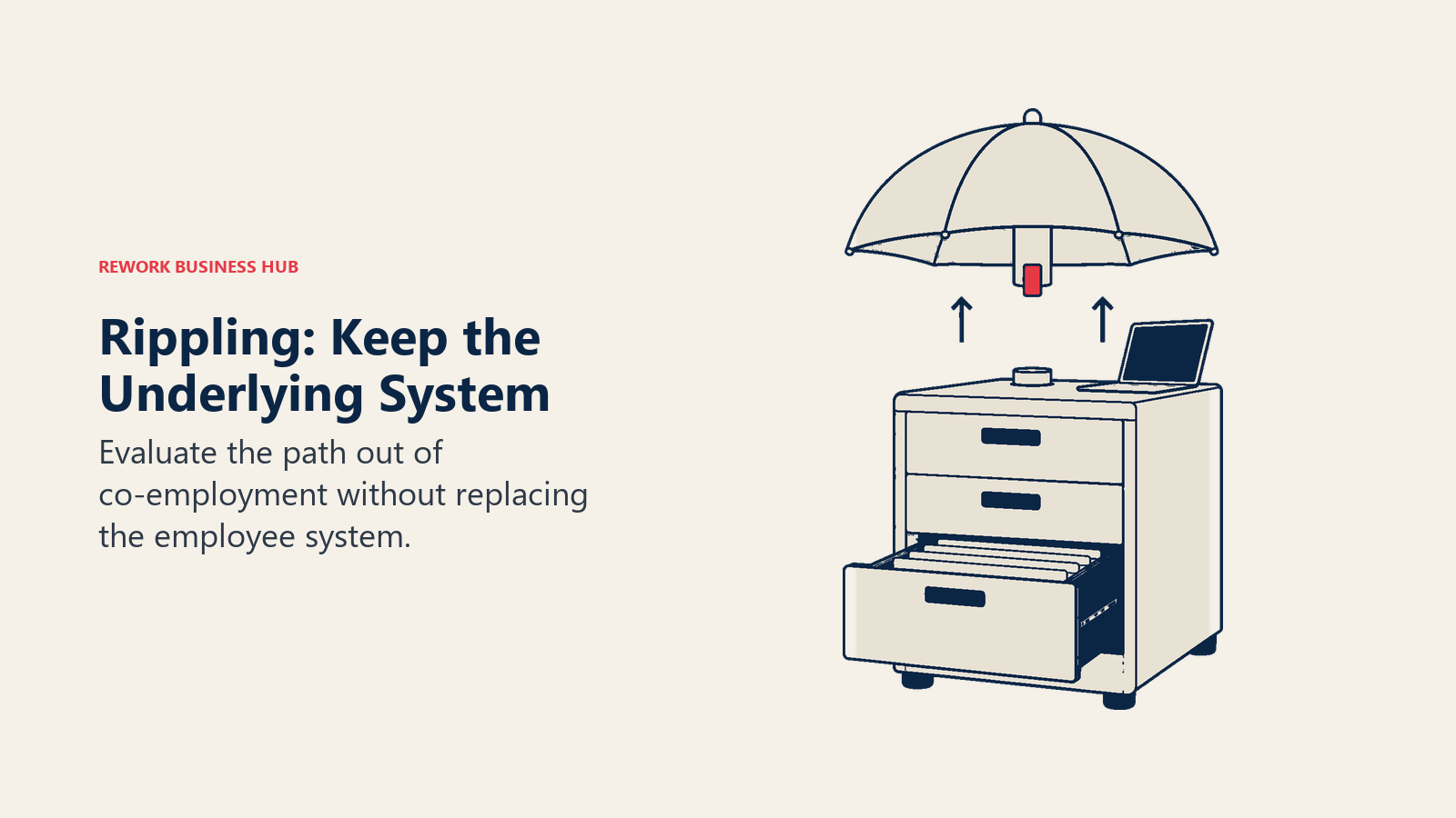 Rippling: Keep the Underlying System: A solid employee-record cabinet with one detachable umbrella module lifting away from its top while the cabinet, laptop and payroll drawer remain in place.