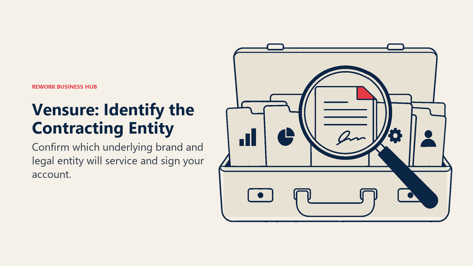 Vensure: Identify the Contracting Entity: A magnifying glass singles out one plain signed contract among several different business folders inside a parent portfolio.