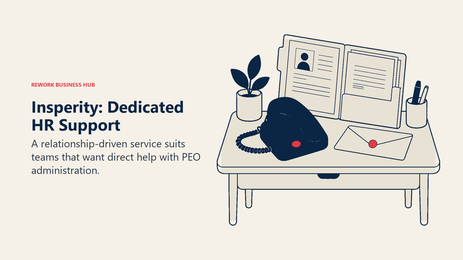 Insperity: Dedicated HR Support: A telephone handset rests across an open HR case folder on a small service desk, with one neatly returned payroll envelope.