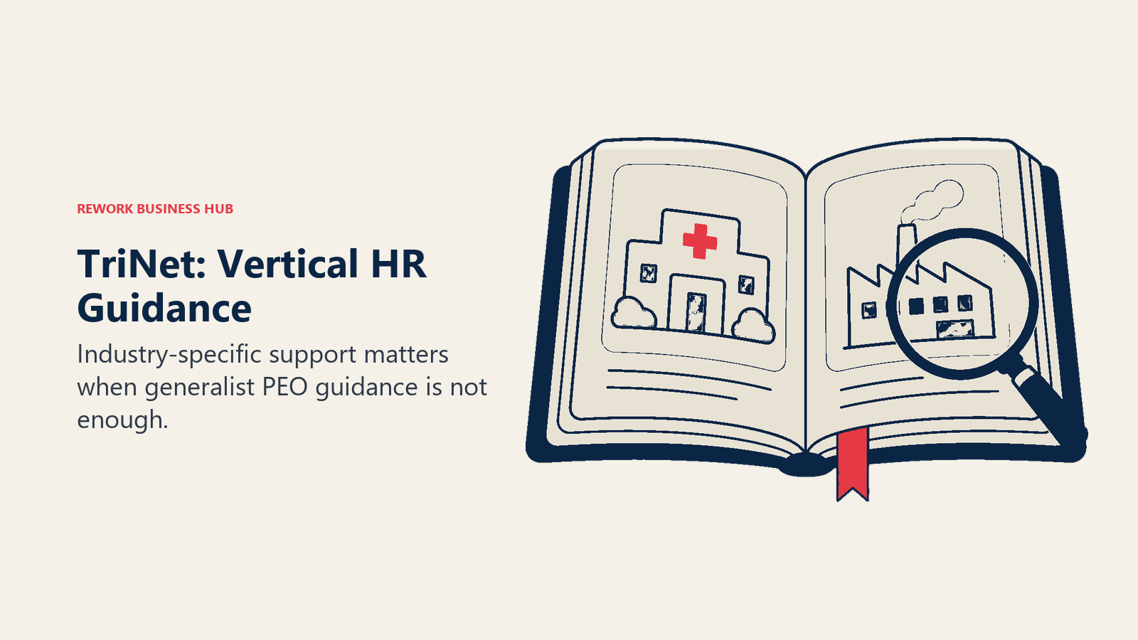 TriNet: Vertical HR Guidance: A specialist field handbook stands open beside a small clinic and factory represented as embossed tabs on two pages.