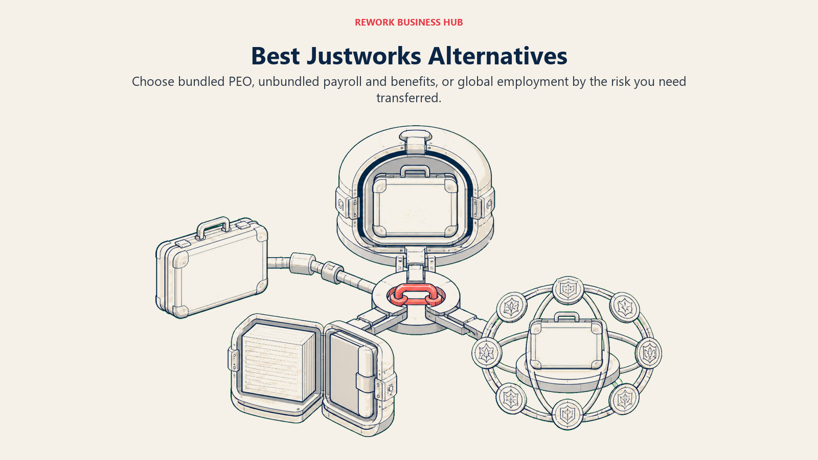 Employment services hub separating bundled PEO, unbundled payroll and benefits, and global employment routes