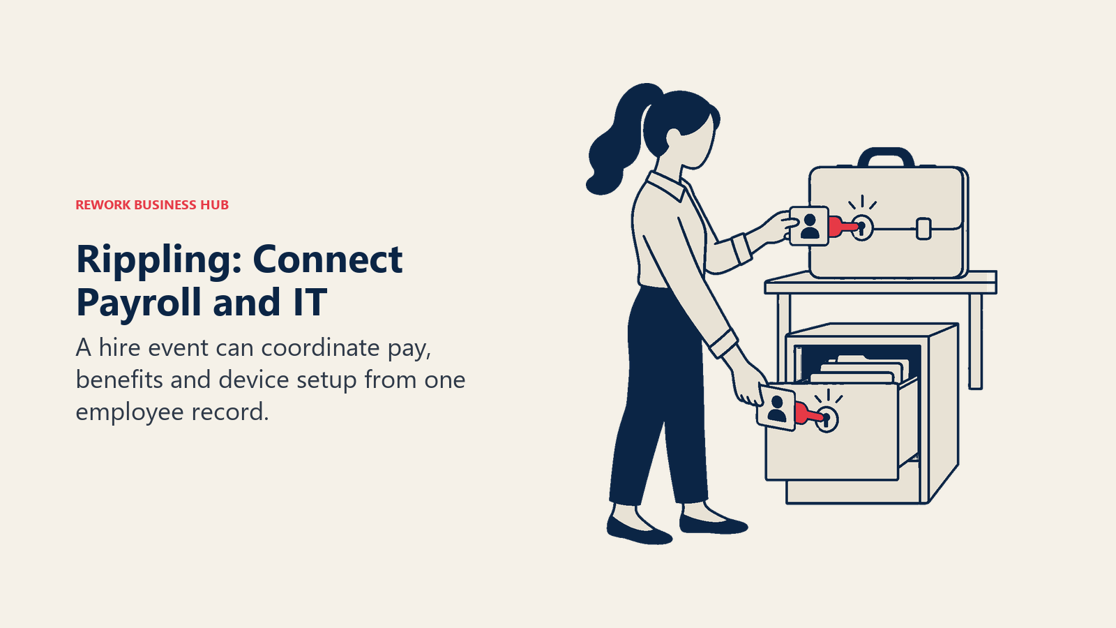 Rippling: Connect Payroll and IT: A single employee badge acts as a key turning a shared lock on a laptop case and a payroll document drawer.