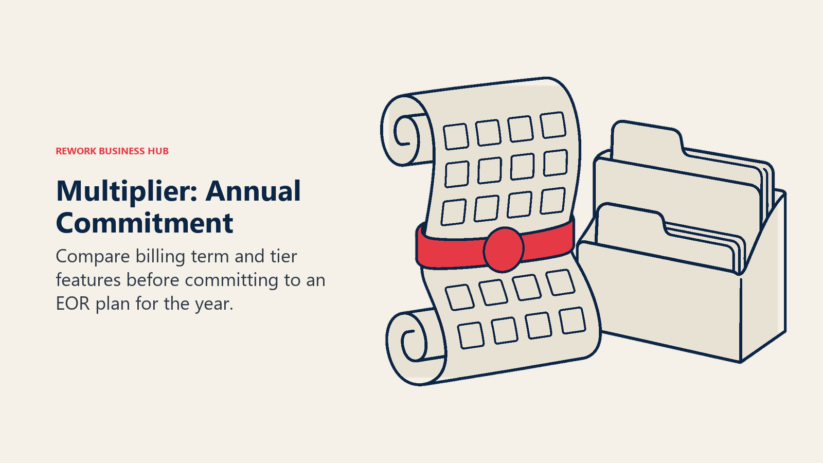 Multiplier: Annual Commitment: A rolled annual calendar ribbon held by a single commitment clasp alongside a two-level stepped paper folder.