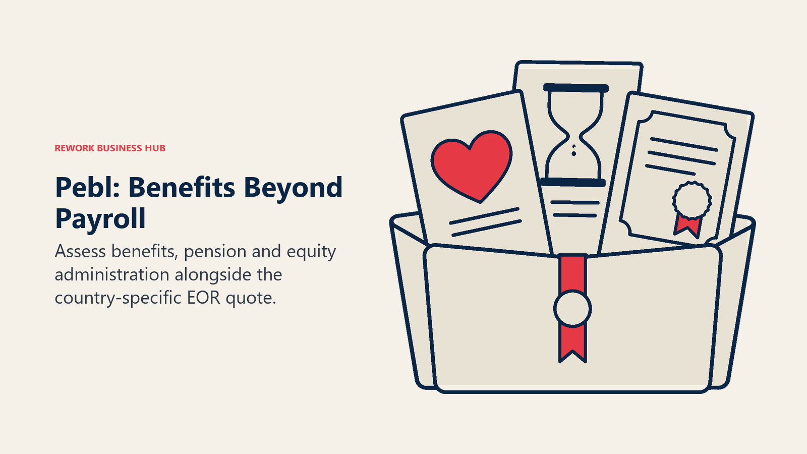 Pebl: Benefits Beyond Payroll: One sturdy portfolio opening into three overlapping paper leaves: a heart-shaped benefit marker, a retirement hourglass, and an ownership certificate with a simple blank seal.