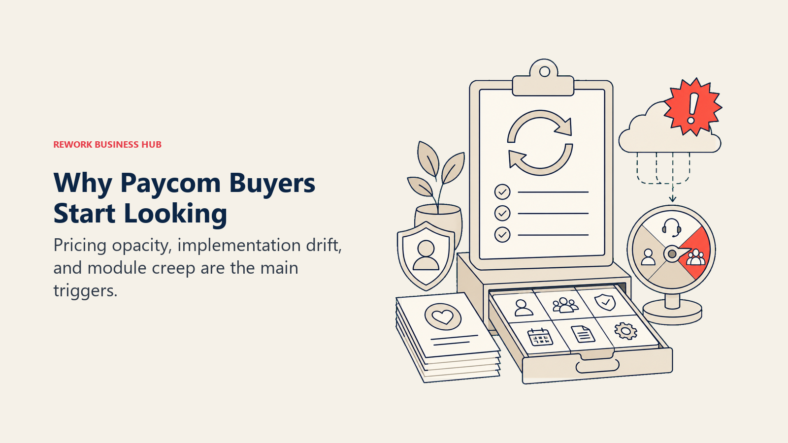 Why Paycom Buyers Start Looking shown as one HR toolkit with an overdue renewal clipboard