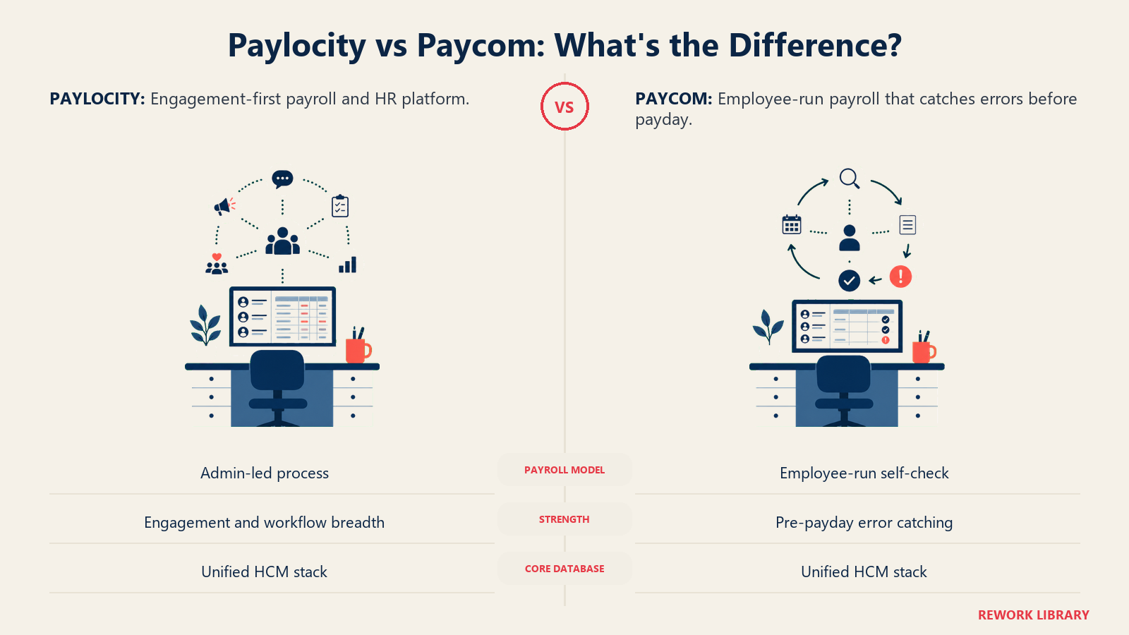 Paylocity and Paycom shown as two payroll workstations with different employee-run and engagement-first models
