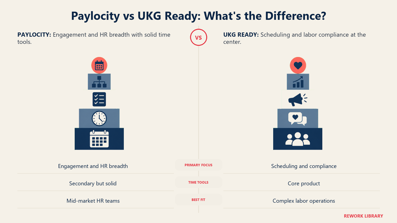 UKG Ready scheduling stack beside a broader Paylocity HR and engagement platform