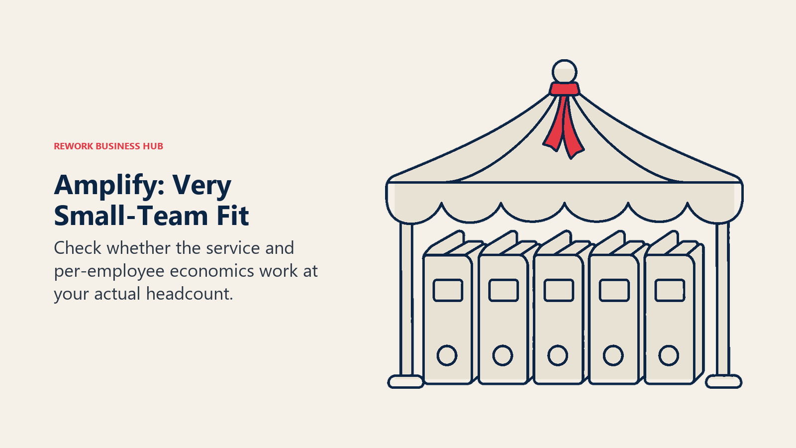 Amplify: Very Small-Team Fit: A small service canopy fits closely over a short group of five plain employee folders instead of a large office block.