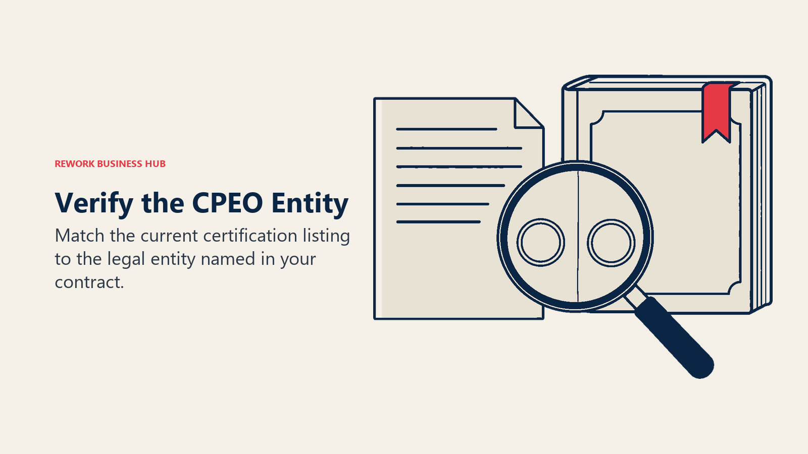 Verify the CPEO Entity: A magnifying glass aligns a plain contract seal with a matching seal on an official-looking register book.