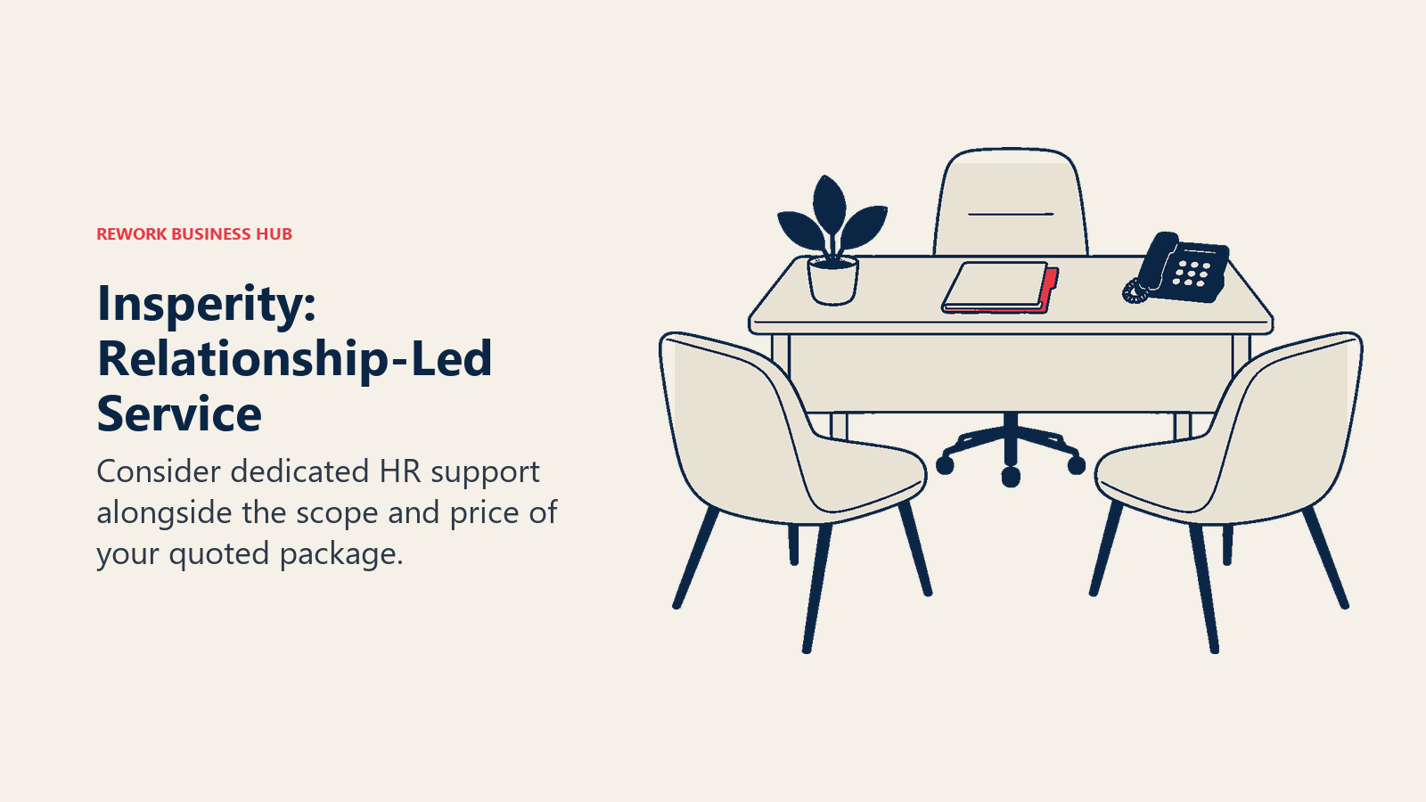 Insperity: Relationship-Led Service: Two comfortable empty chairs face a small consultation desk holding an HR folder and telephone.