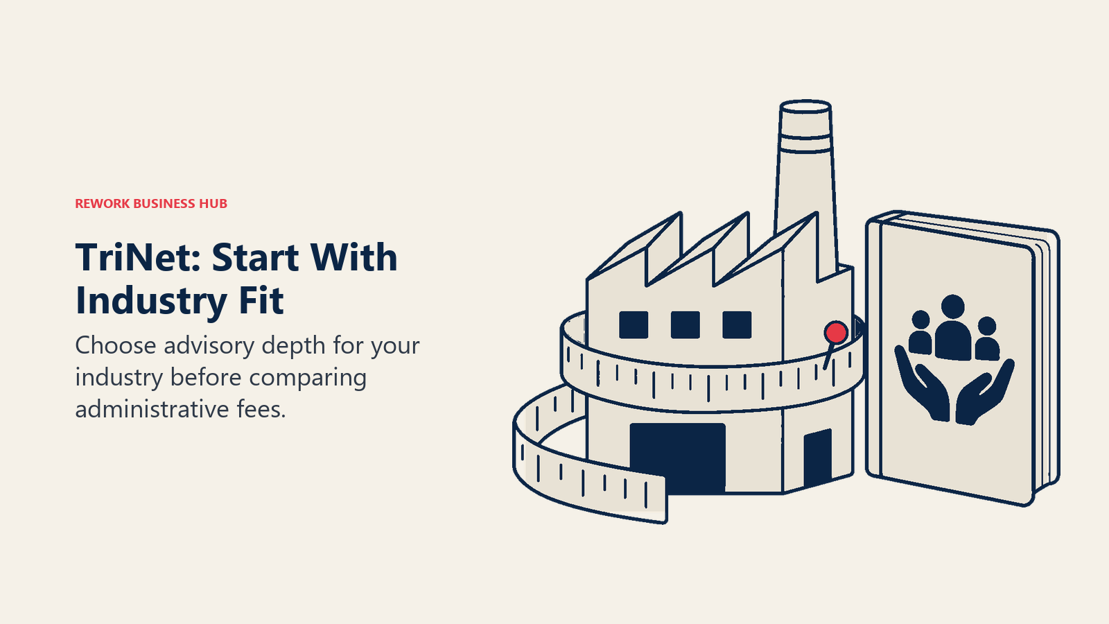 TriNet: Start With Industry Fit: A tailor-style measuring ribbon wraps loosely around a small factory beside a specialist HR handbook, suggesting fit to the industry.