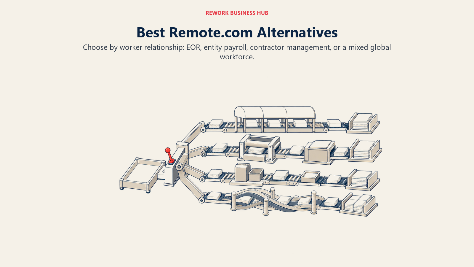 Four parallel global employment lanes for EOR, entity payroll, contractor management, and mixed workforce models