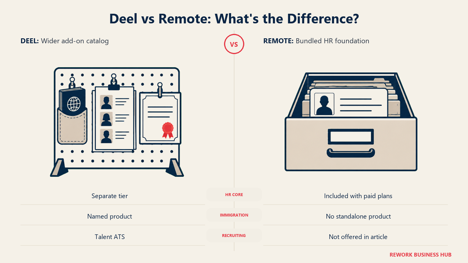 Deel employment add-ons shown as detachable accessories beside Remote bundled HR records in a drawer.