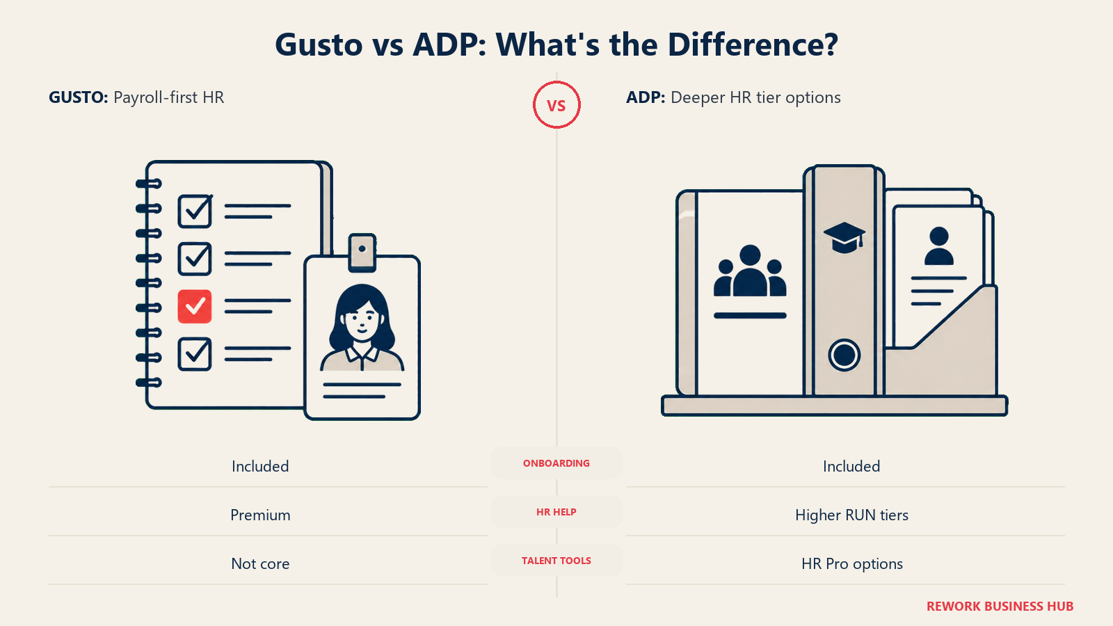 Gusto vs ADP: What's the Difference? illustrated with checklist versus reference shelf.