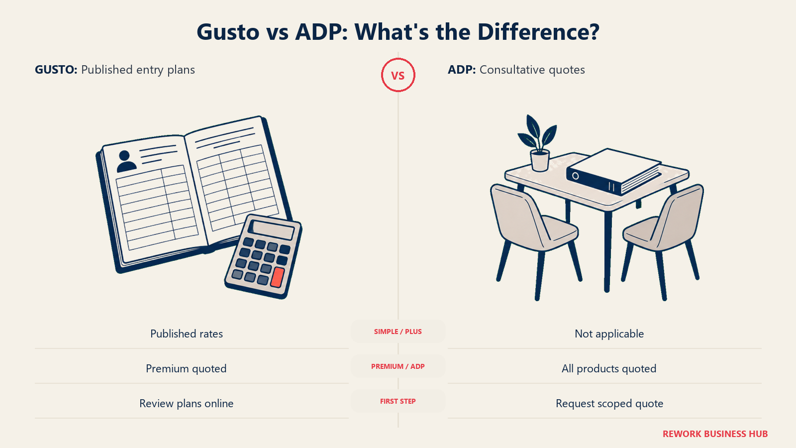 Gusto vs ADP: What's the Difference? illustrated with open folio versus consultation desk.