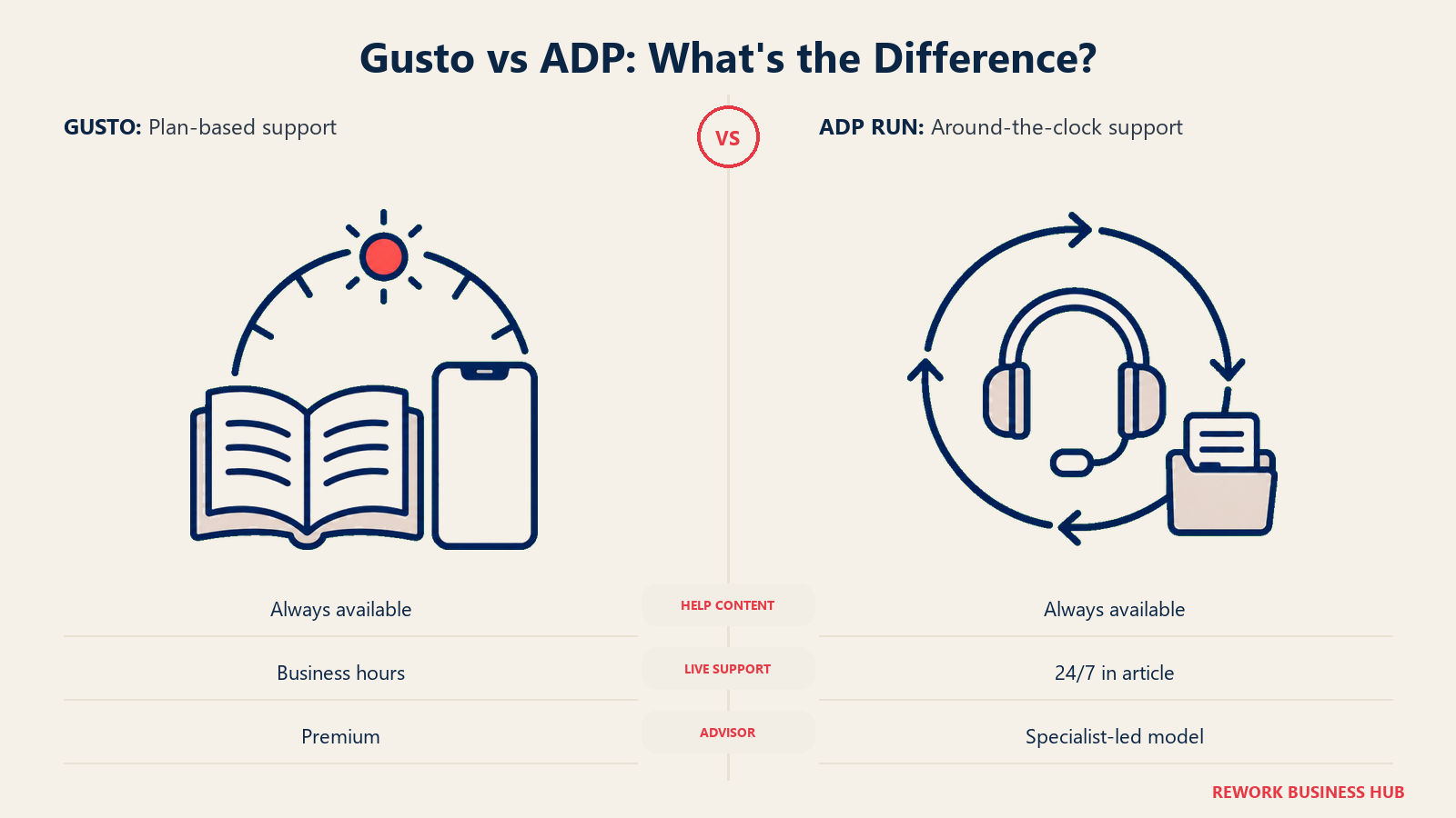 Gusto vs ADP: What's the Difference? illustrated with help-book hours versus service loop.