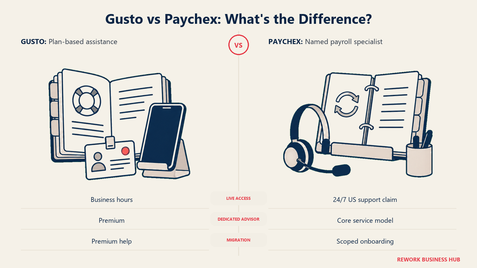 Gusto vs Paychex: What's the Difference? illustrated with help library versus account desk.