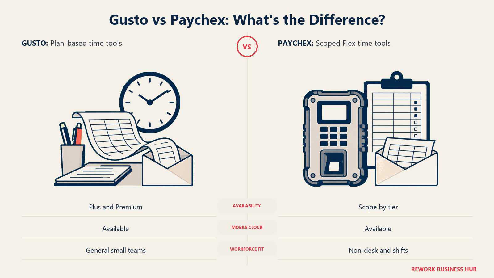 Gusto vs Paychex: What's the Difference? illustrated with desk timesheet versus shift terminal.