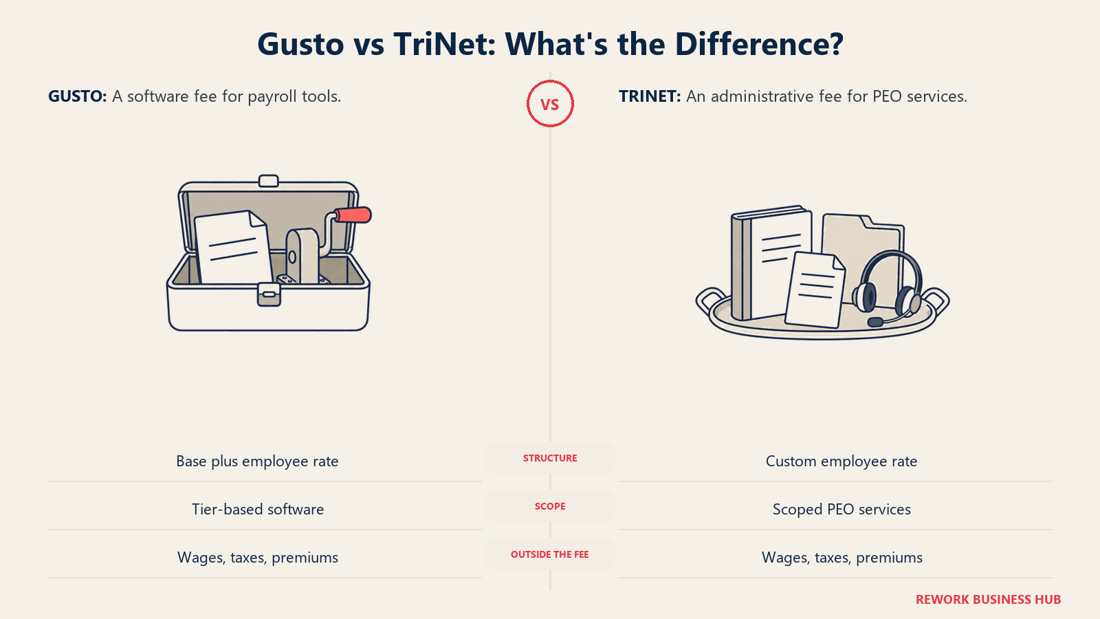 A payroll toolbox and a service tray compare the software scope of Gusto fees with the administrative scope of TriNet fees.