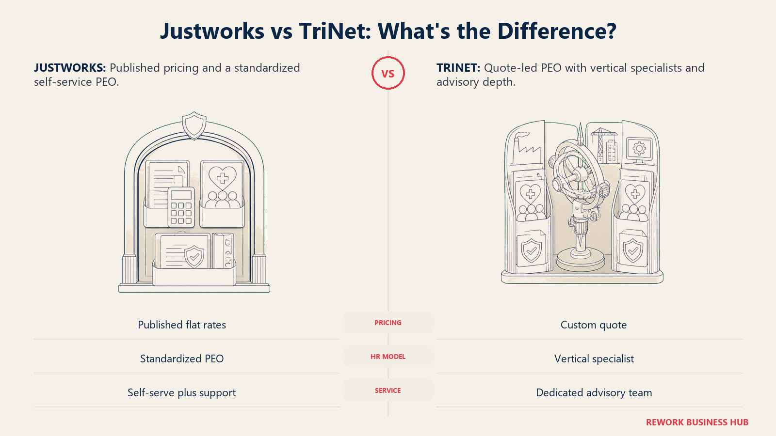 Justworks standardized self-service PEO compared with TriNet vertical specialist PEO