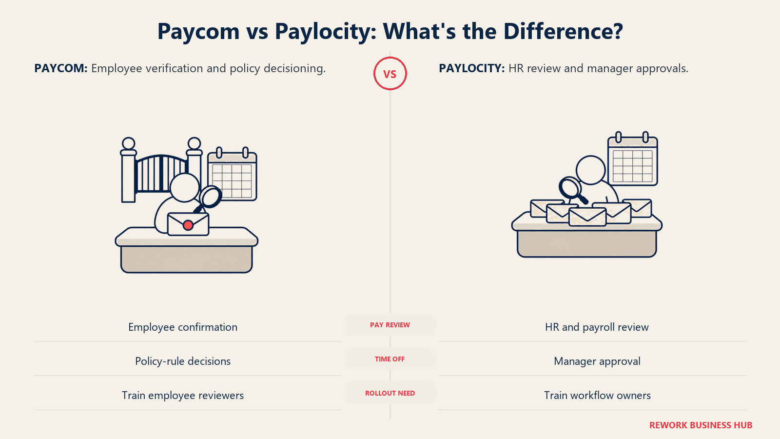 Employee and administrator tokens inspect pay envelopes beside calendars, comparing payroll verification and time-off workflows.