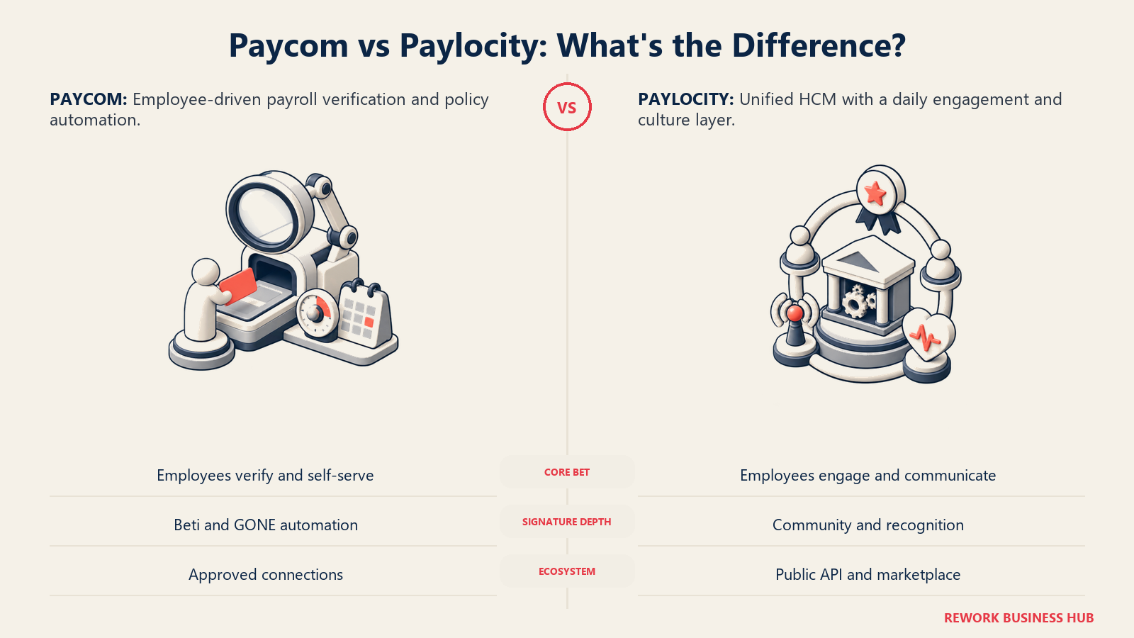 Paycom versus Paylocity shown as employee payroll verification and policy automation compared with payroll-centered engagement and recognition