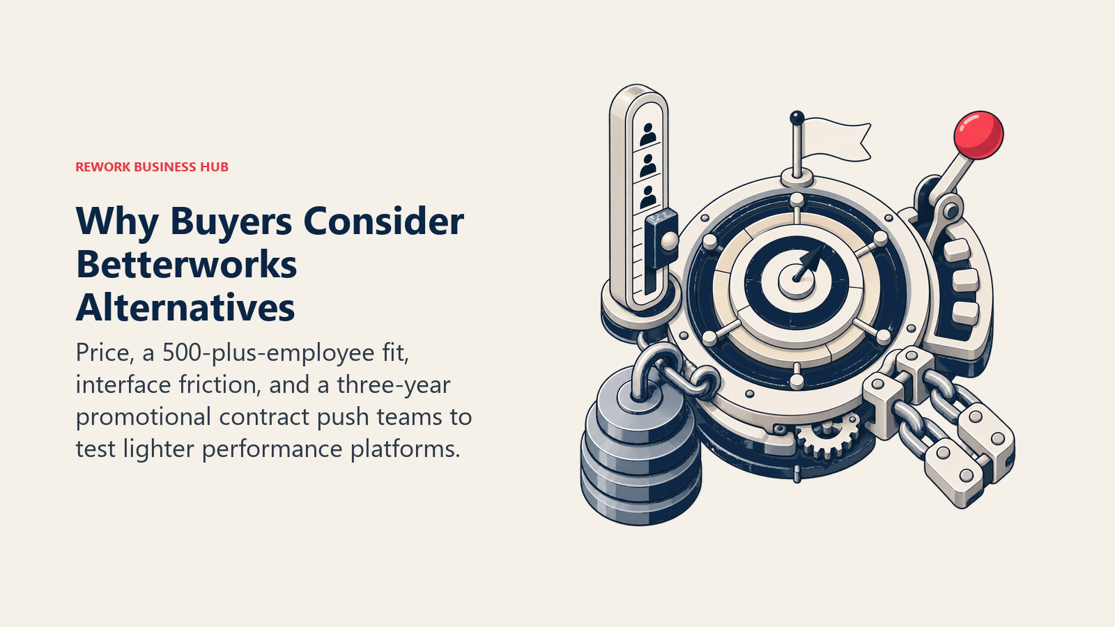 Betterworks alternative buying triggers shown as an enterprise goal cascade instrument constrained by price, scale, interface, and contract friction