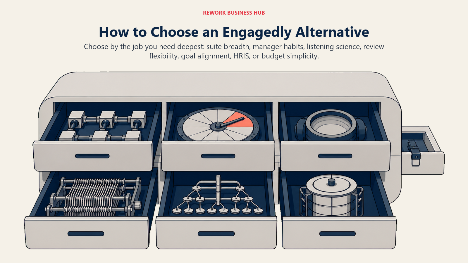 Engagedly alternative decision framework shown as modular drawers for suite breadth, engagement science, review flexibility, goal alignment, HRIS, and budget fit