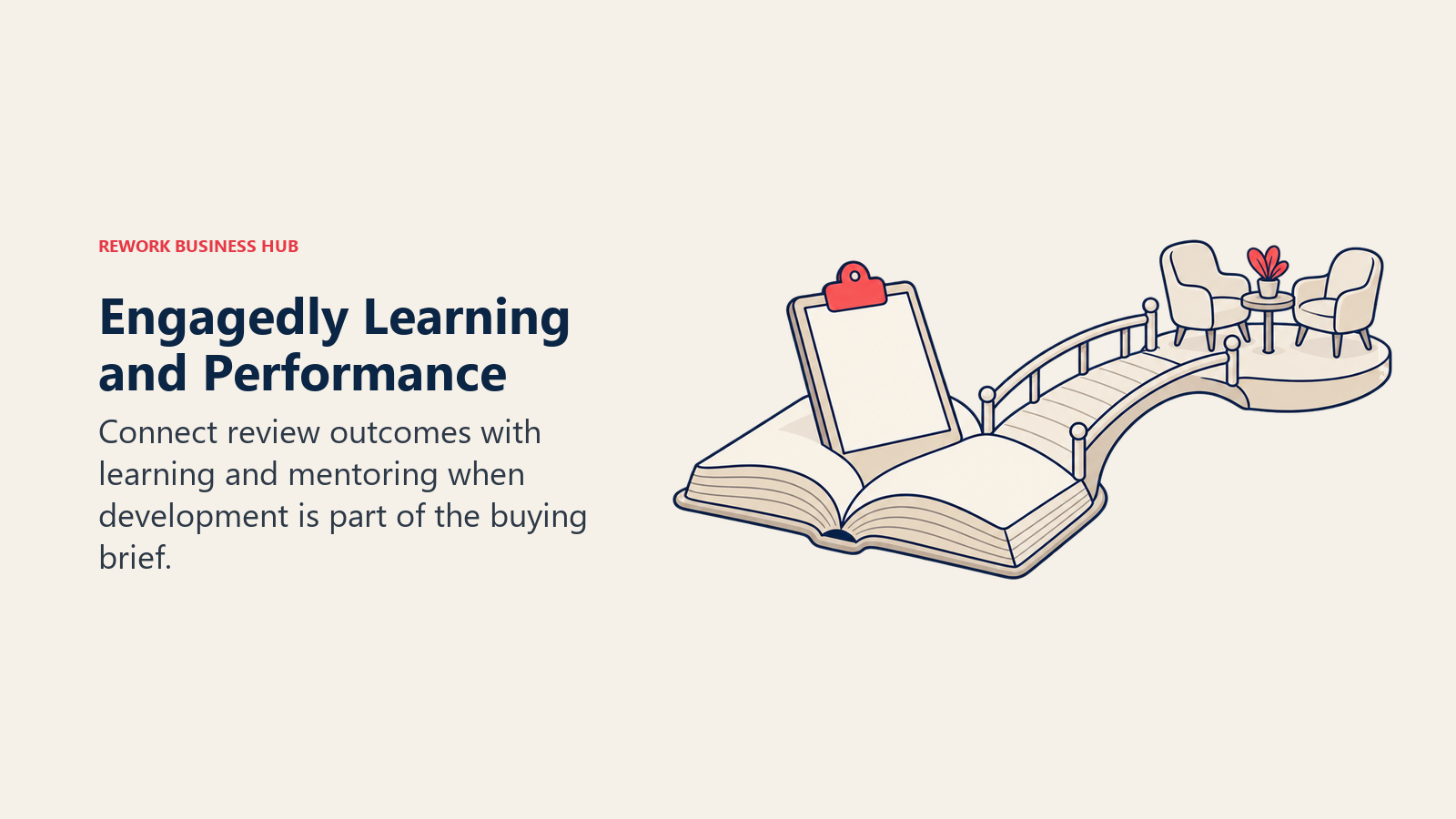 An open book, review clipboard and bridge to paired mentoring chairs connect Engagedly performance outcomes with employee development.