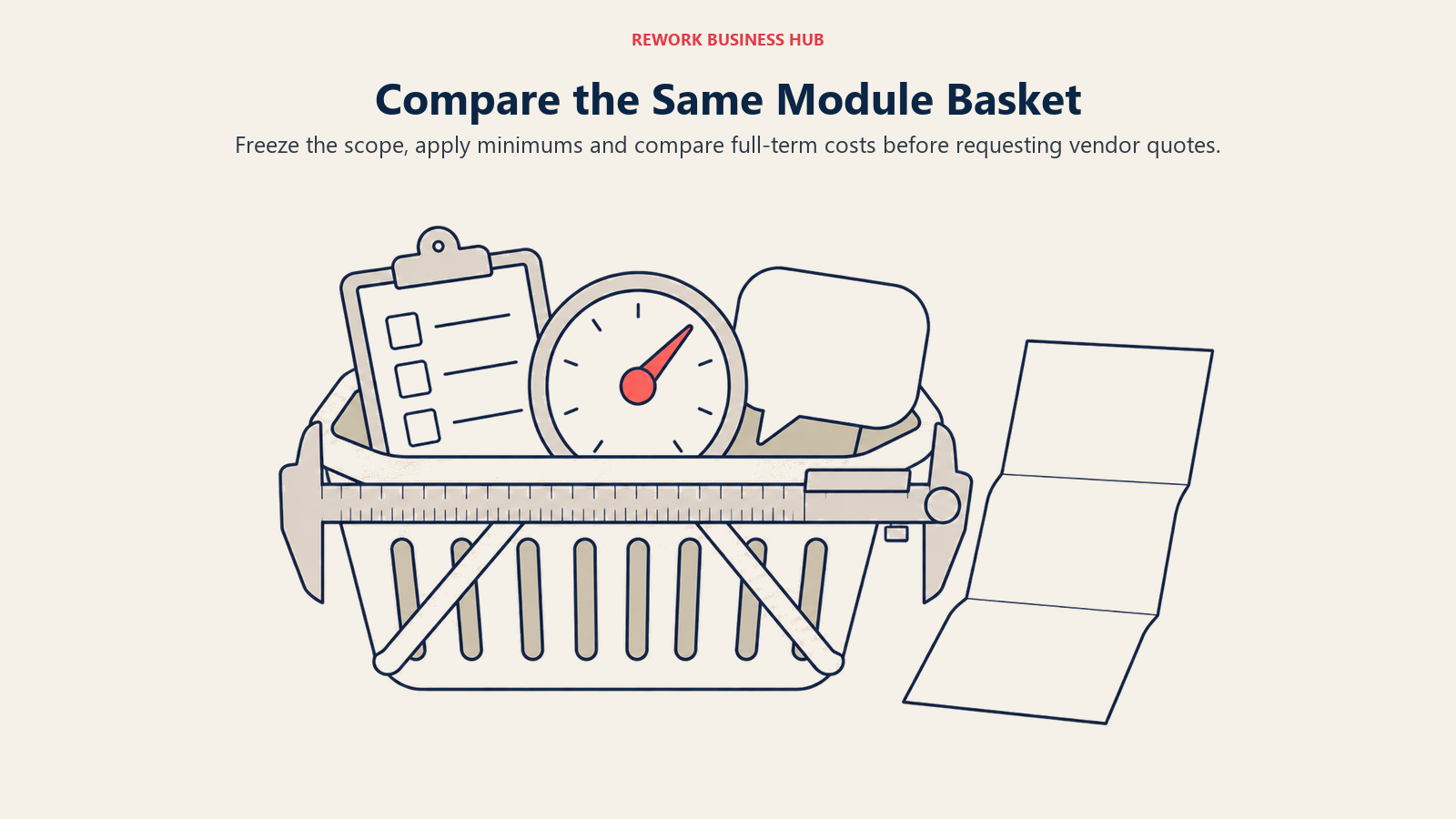 A measured basket of review, goal and survey objects beside a folded contract illustrates comparing the same module scope and full-term costs.