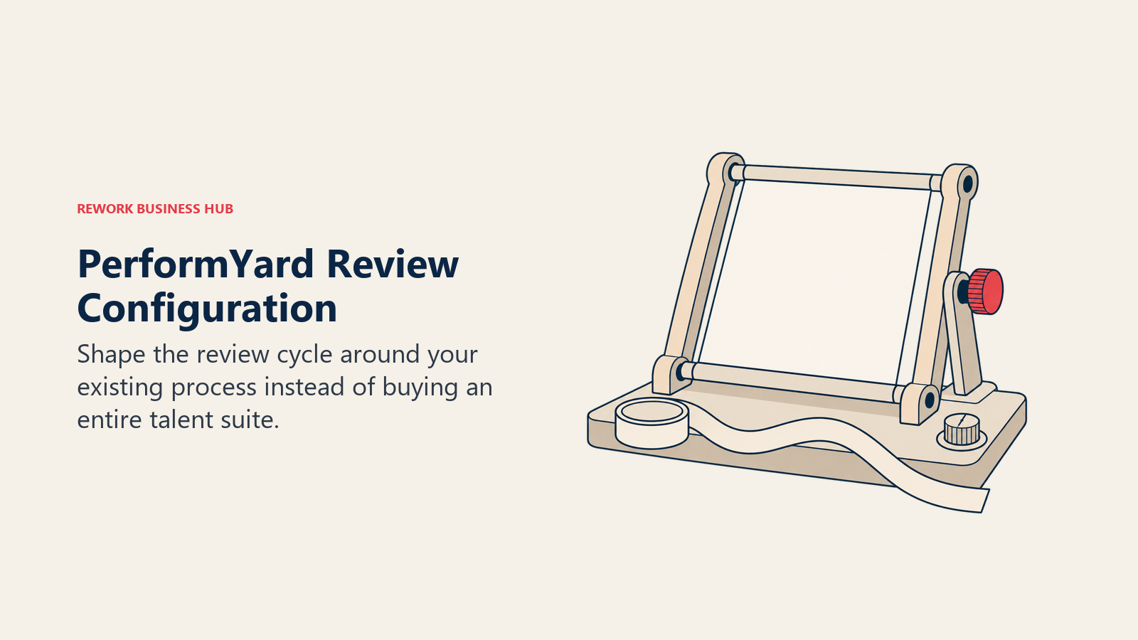An adjustable drafting frame and measuring tape around a review sheet illustrate configuring PerformYard to fit an existing review process.