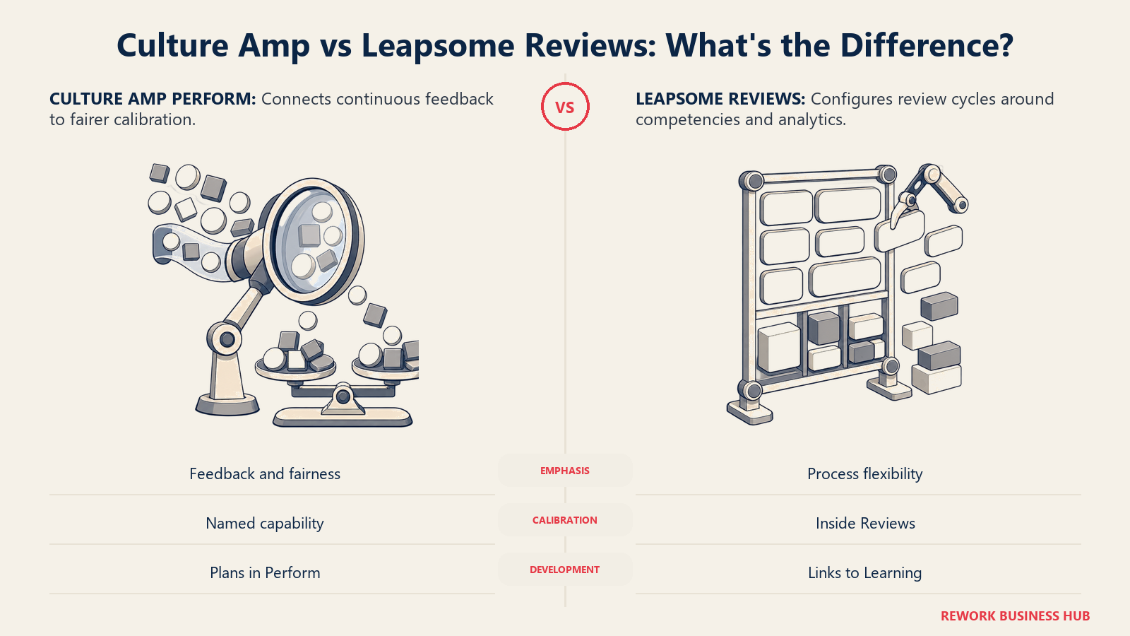 Culture Amp bias-calibration balance compared with Leapsome customizable review and competency framework