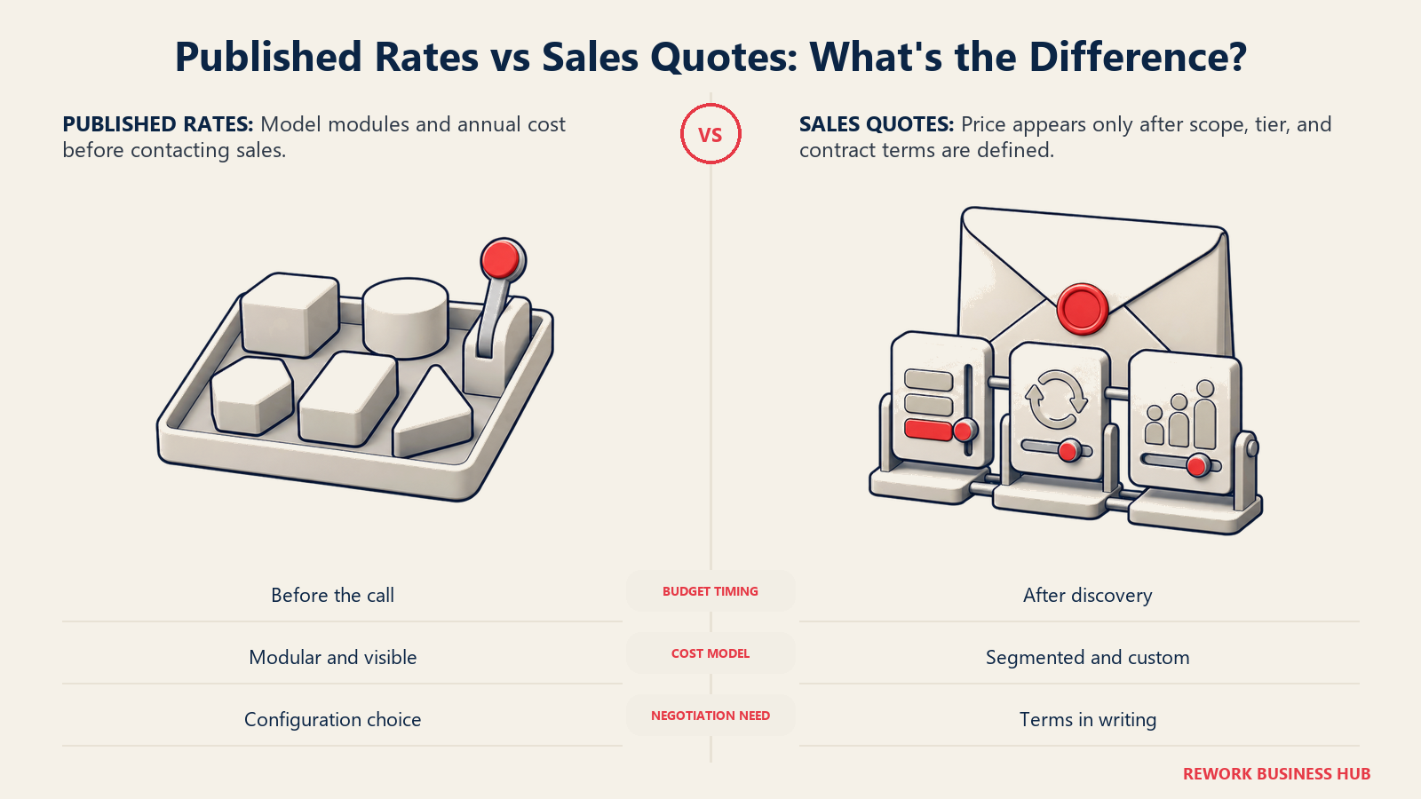 Published modular software rates compared with quote-only pricing and contract terms