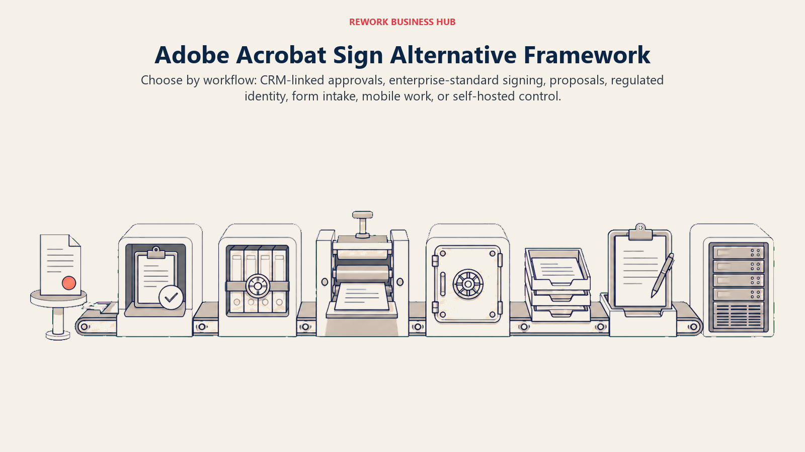E-signature selection desk routing CRM approvals, enterprise adoption, proposals, regulated identity, forms, mobile work, and self-hosting