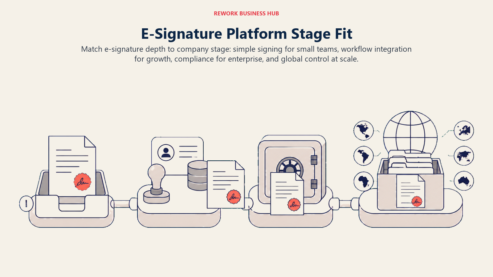 Four-stage company maturity route matching simple signing, growth workflows, regulated identity, and global enterprise control