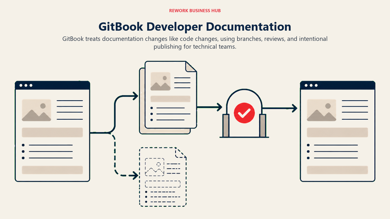 GitBook Developer Documentation illustrated with documentation branch and review merge