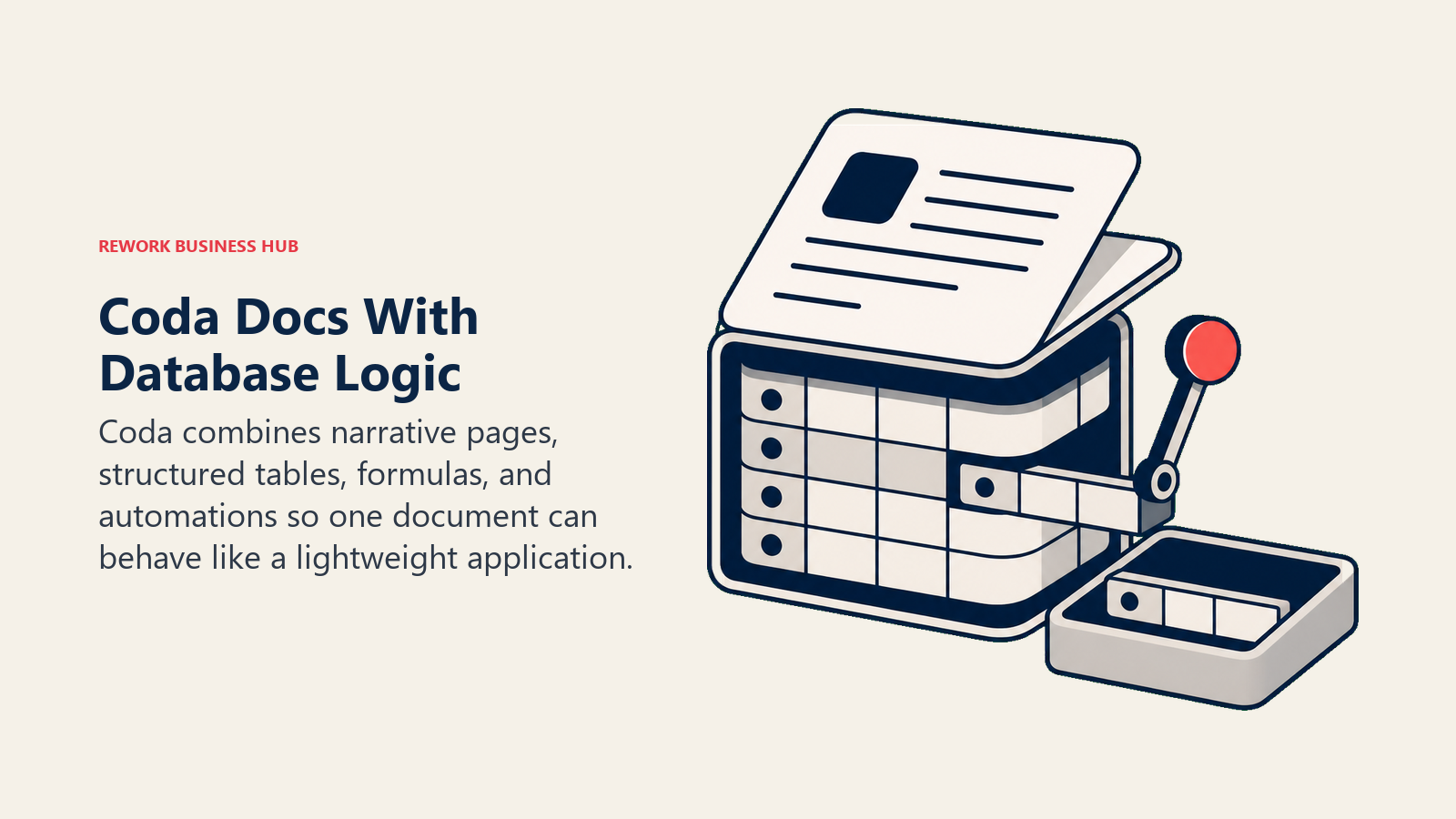 Coda Docs With Database Logic illustrated with document with mechanical database core